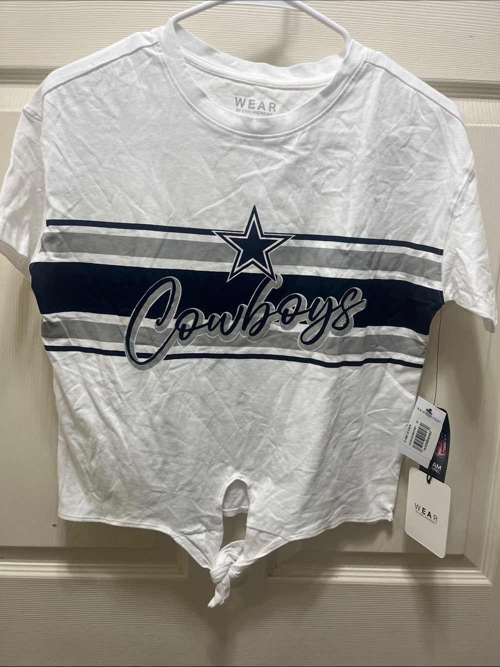 White Cowboys Tie-Front Crop Top with Navy Script NWT XS